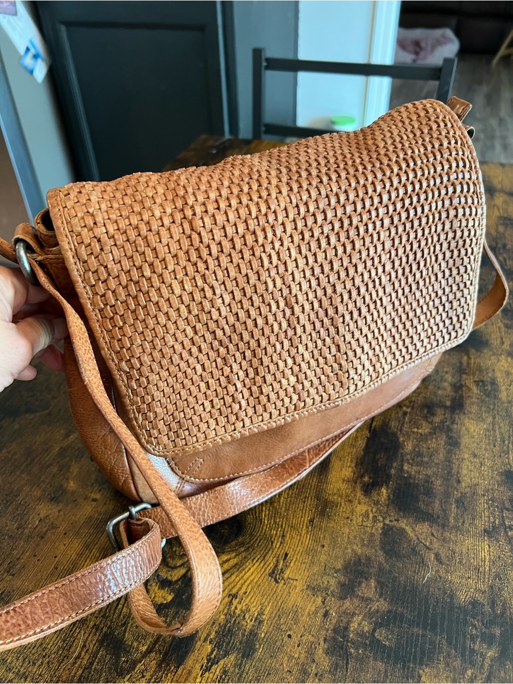Woven Flap Crossbody Bag in Tan Leather